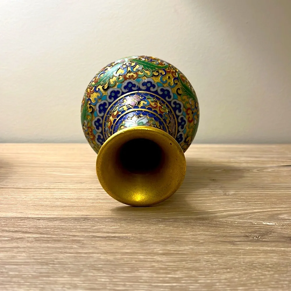 Vintage Chinese Champleve Cloisonné Gilt Asian Lotus Vase - Picture 5 of 5